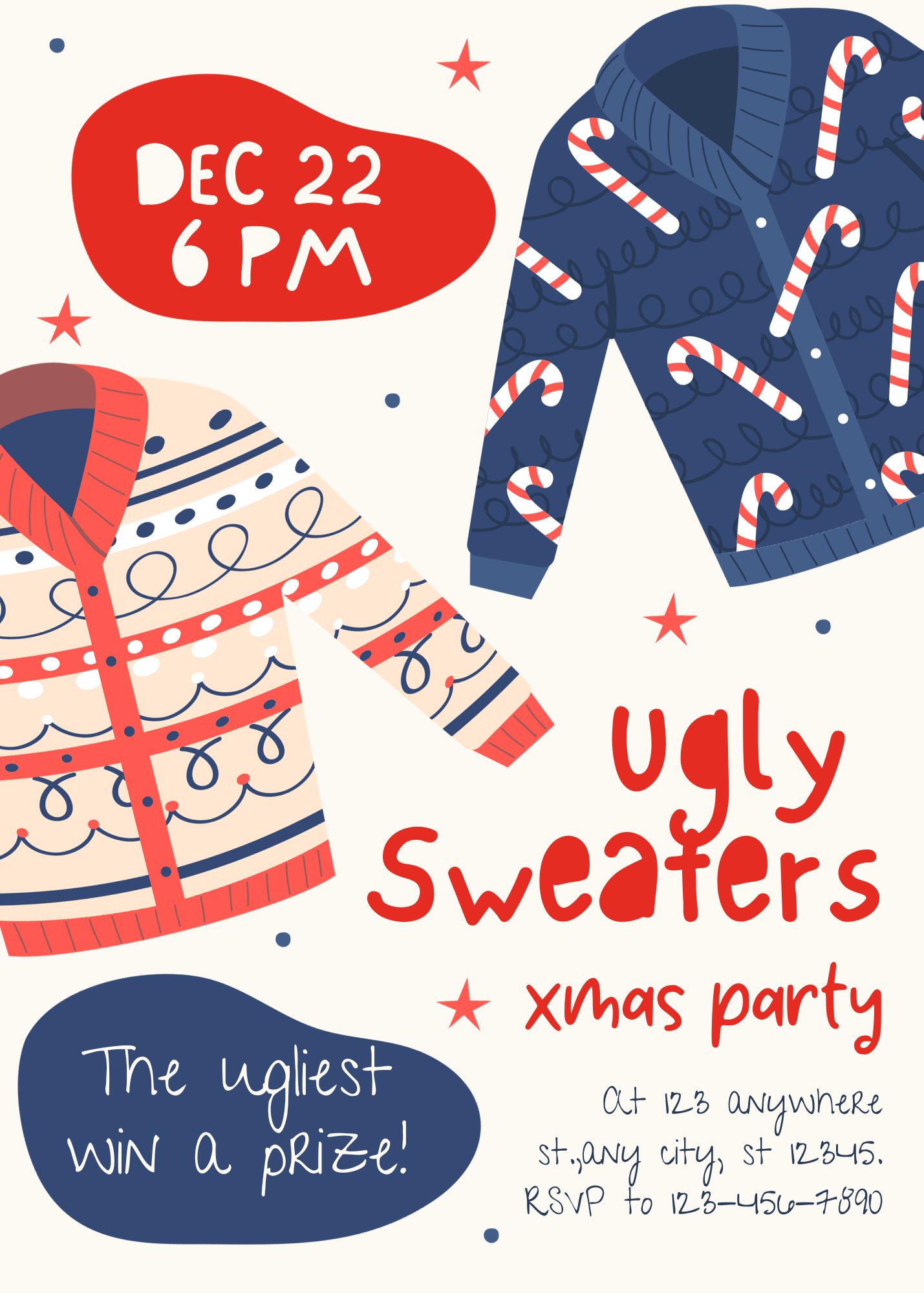 Navy Blue and Red Funny Ugly Sweater Party Invitation